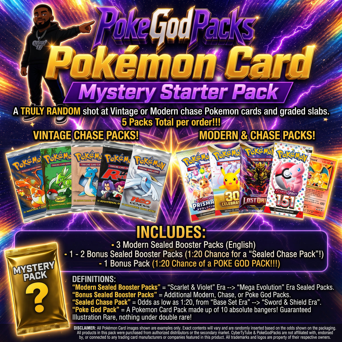 Promotional graphic for a PokeGod Packs Pokémon Card Mystery Starter Pack, showing a black background with purple lightning effects, large gold and purple title text, a shopper illustration, sample Pokémon card packs, and an included items list with English booster pack and booster slab quantities.